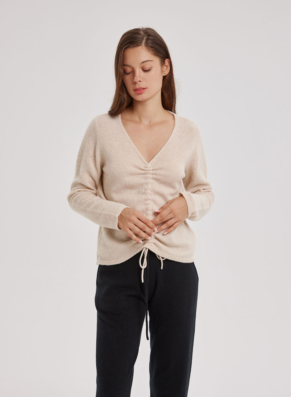 V-neck Ruched Knit Sweater